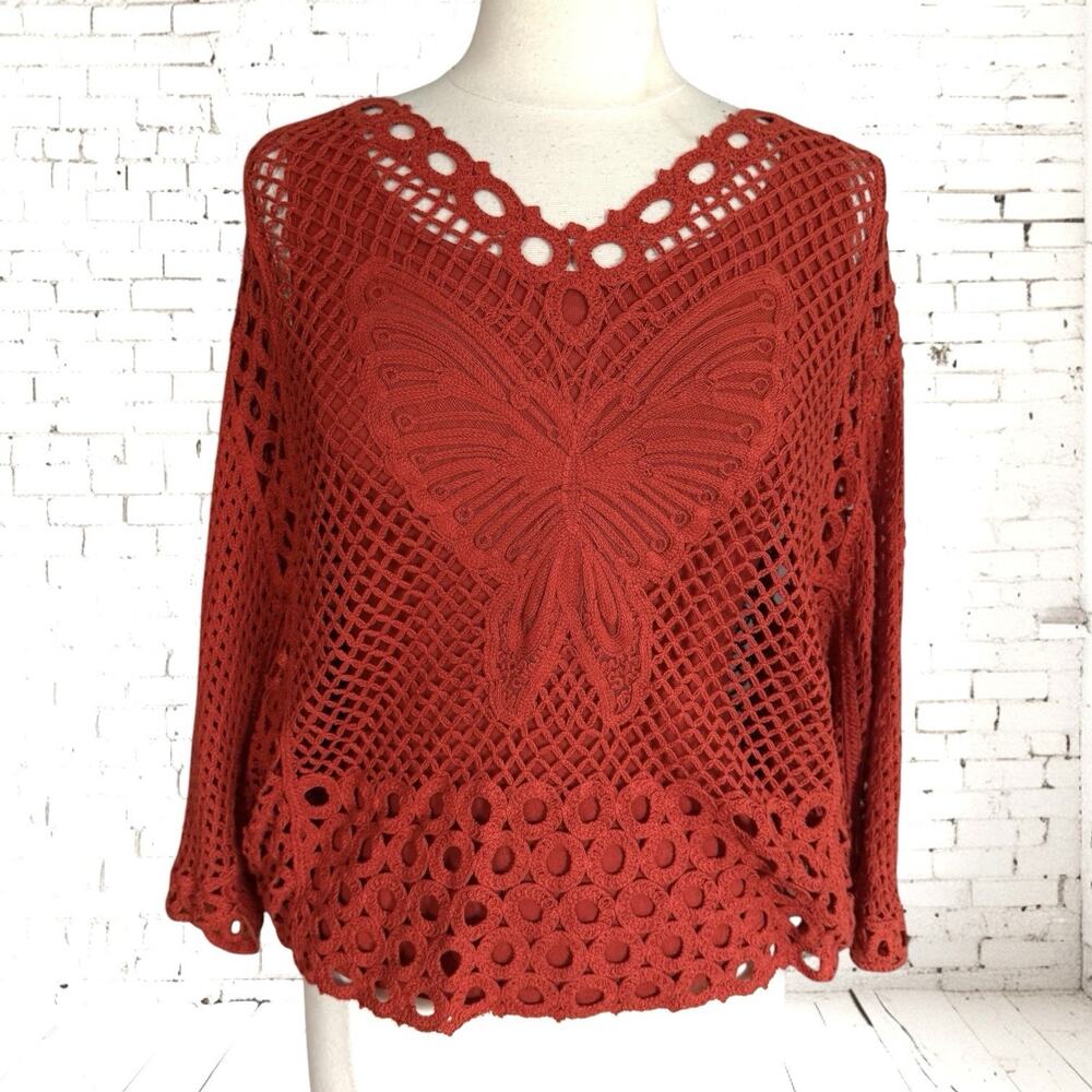 Christina Chunky Lace Top Sz M Butterfly Batwing Dramatic Pullover 3/4 Sleeves